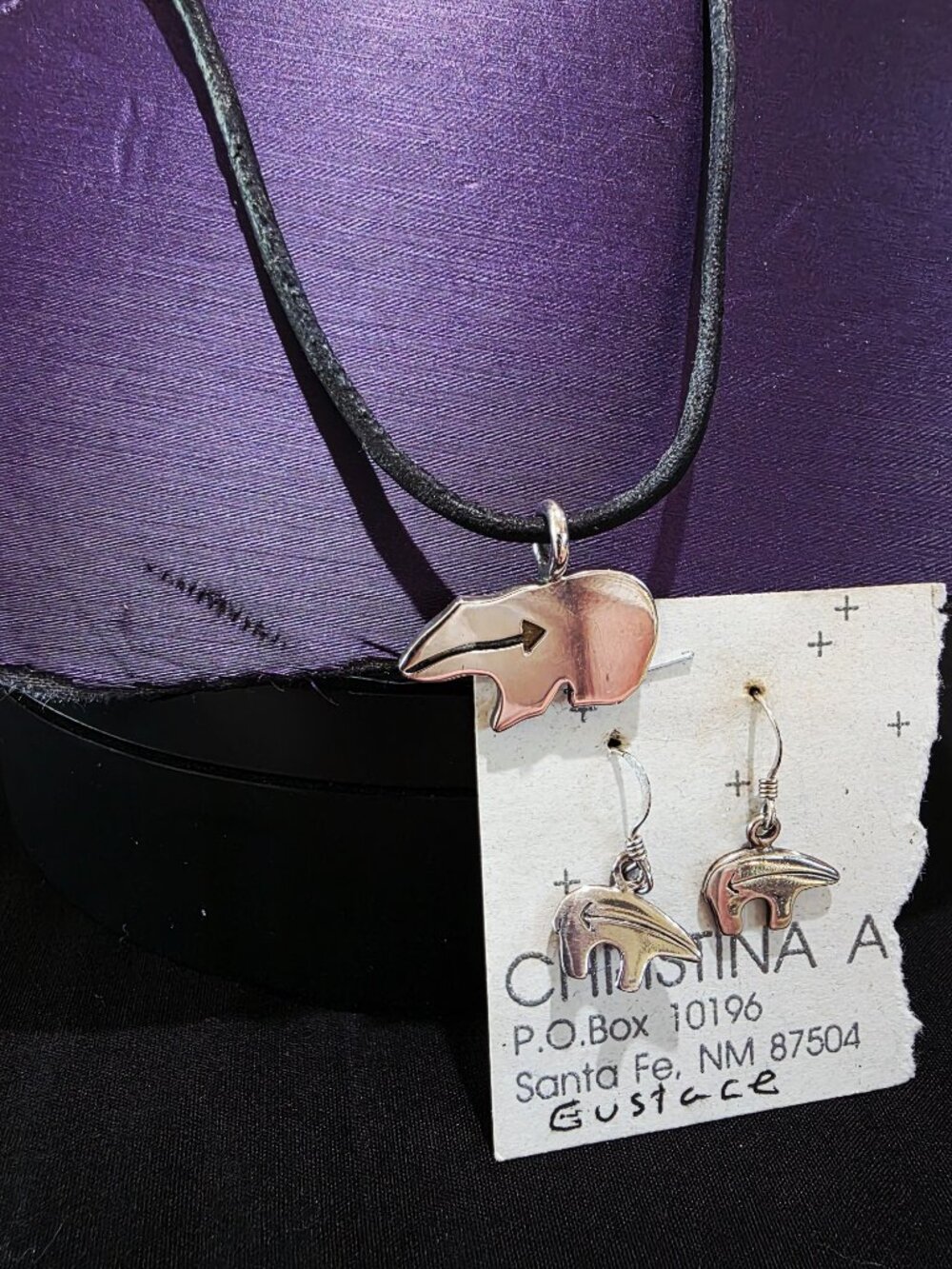 Christina A Eustace Zuni Cochiti Sterling 925 Heartline Bear Necklace & Earrings